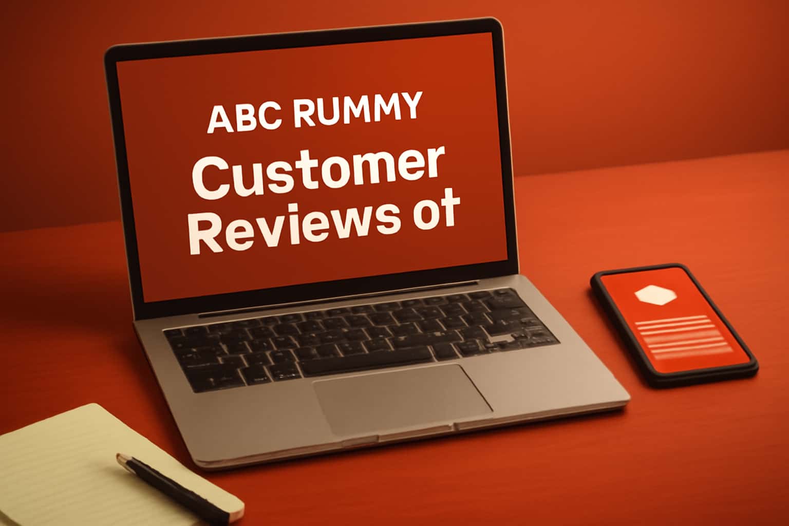 Informational scene showcasing customer reviews of ABC Rummy with the title highlighted.