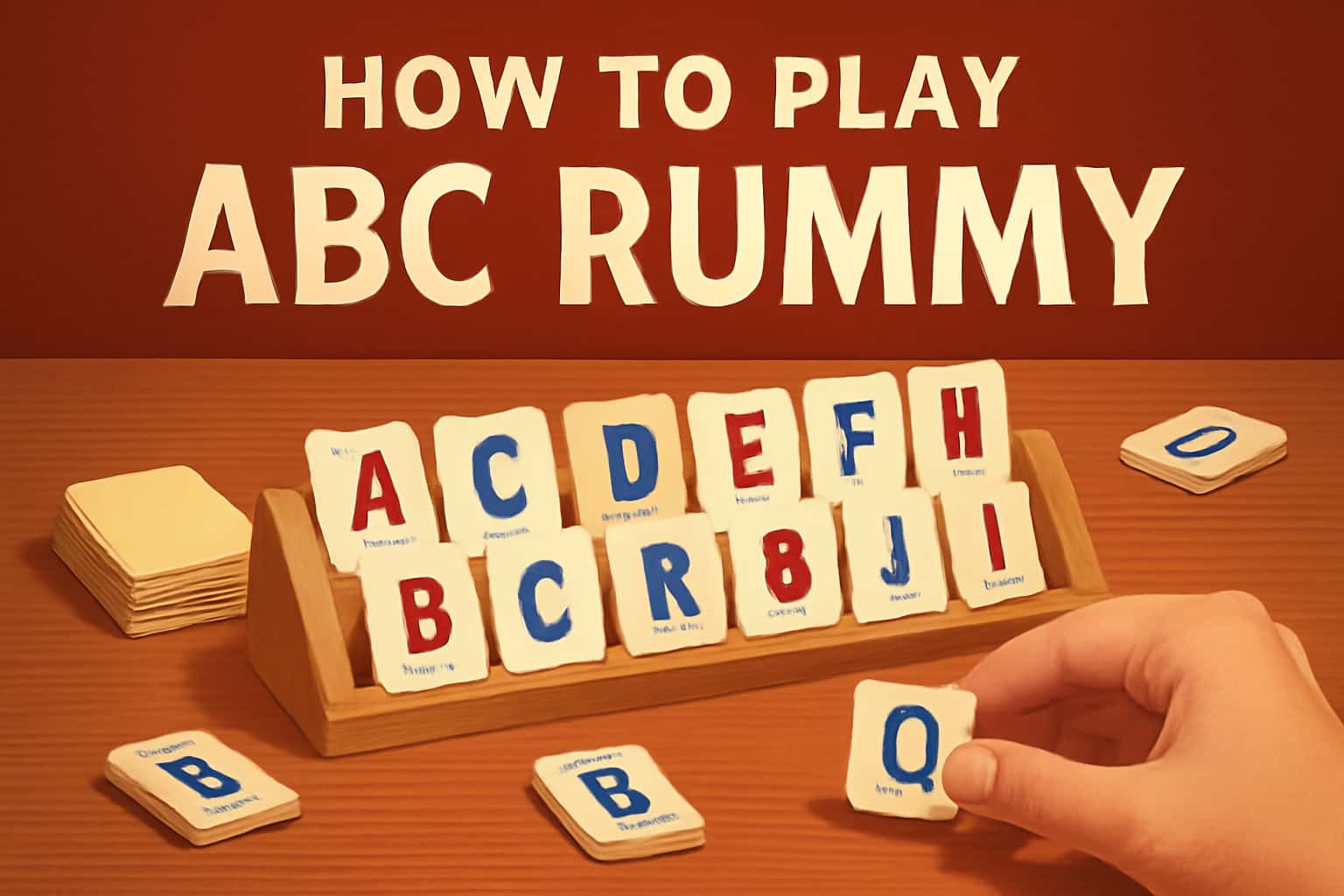 An illustration of ABC Rummy gameplay with visible cards and a neutral backdrop.