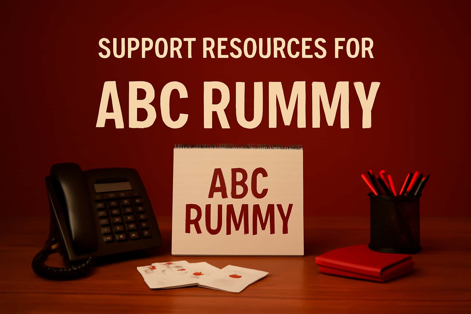 An informational scene depicting support resources for ABC Rummy.